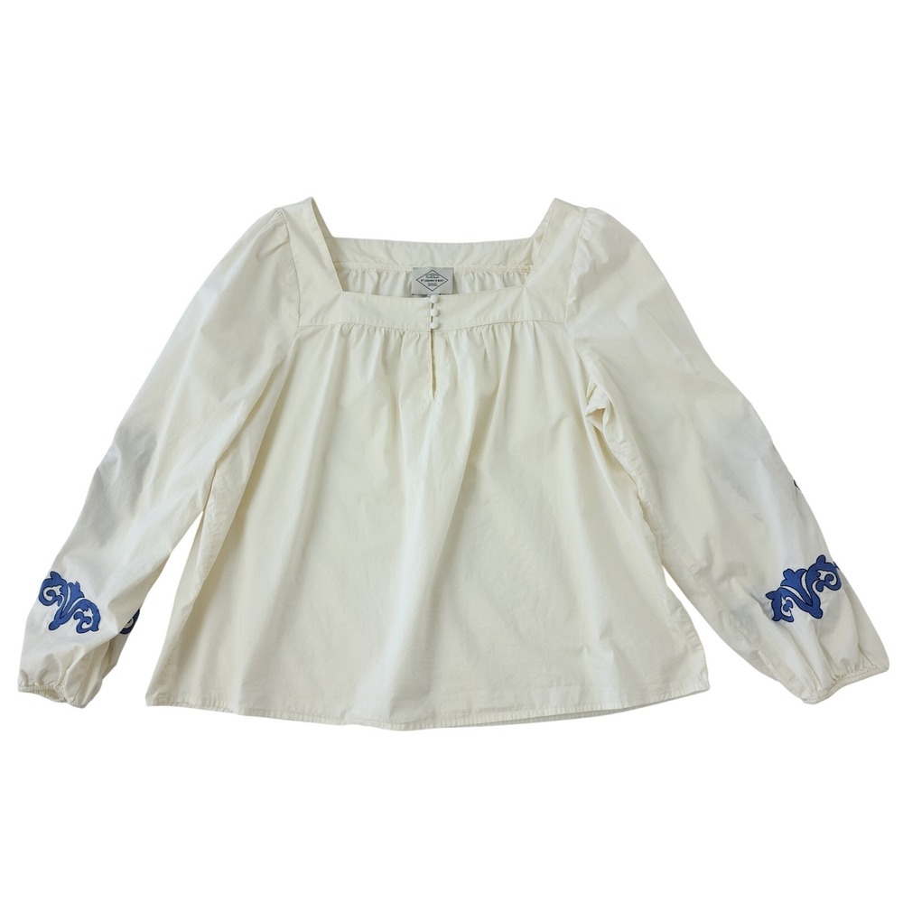 St John's Bay Womens XL Off White‎ Blue Embroidered Peasant Blouse Square Neck